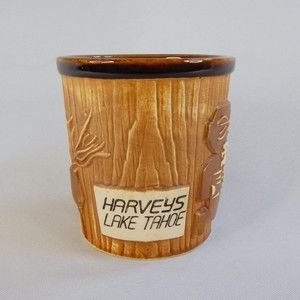 Vtg Harveys Lake Tahoe Bucket Tiki Mug Block Font Print Brown Glaze OMC Otagiri